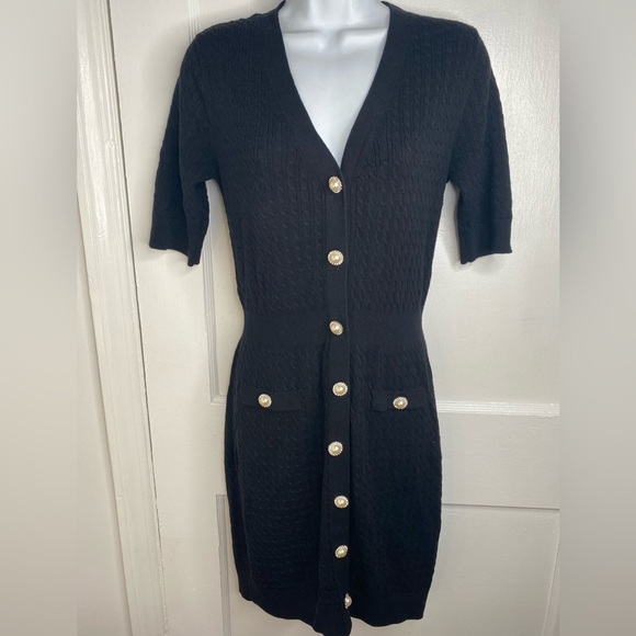 LOVERS + FRIENDS Bella Black Pearl Diamond like Button-Down Mini Sweater Dress - Picture 2 of 13